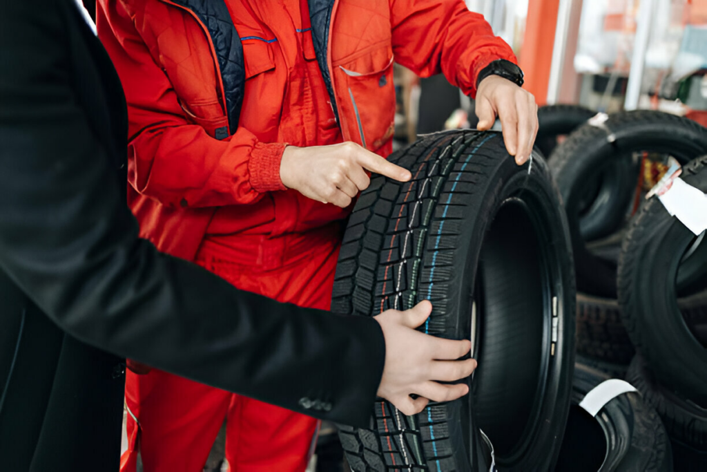 Riverview Tires team helping a customer choose a tire