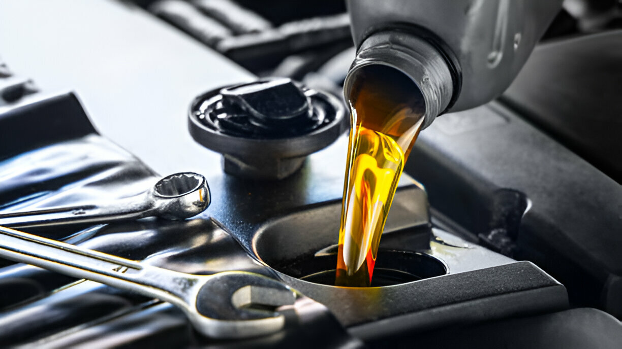 Oil being poured during an engine oil change